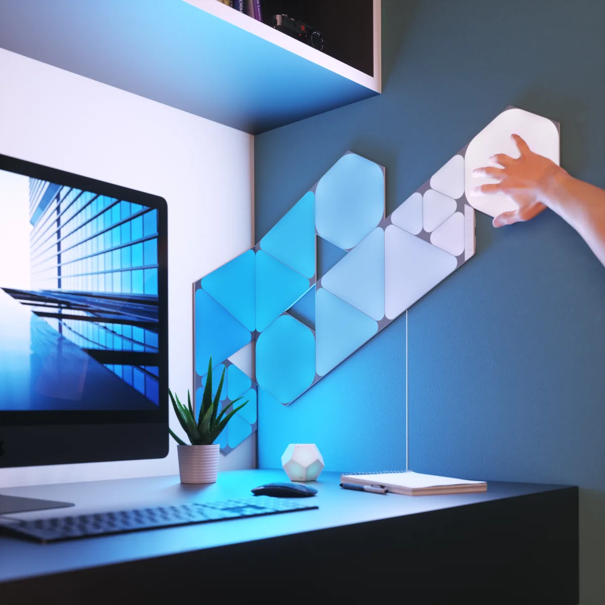 Nanoleaf Shapes installation with illuminated Hexagons, Triangles and Mini Triangles